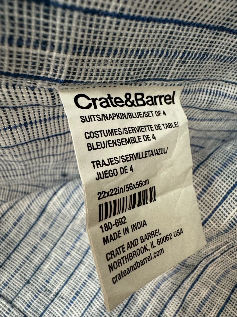 2/ Crate&Barrel  Linen Cloth Dinner Napkins, 22”/ Set of 2